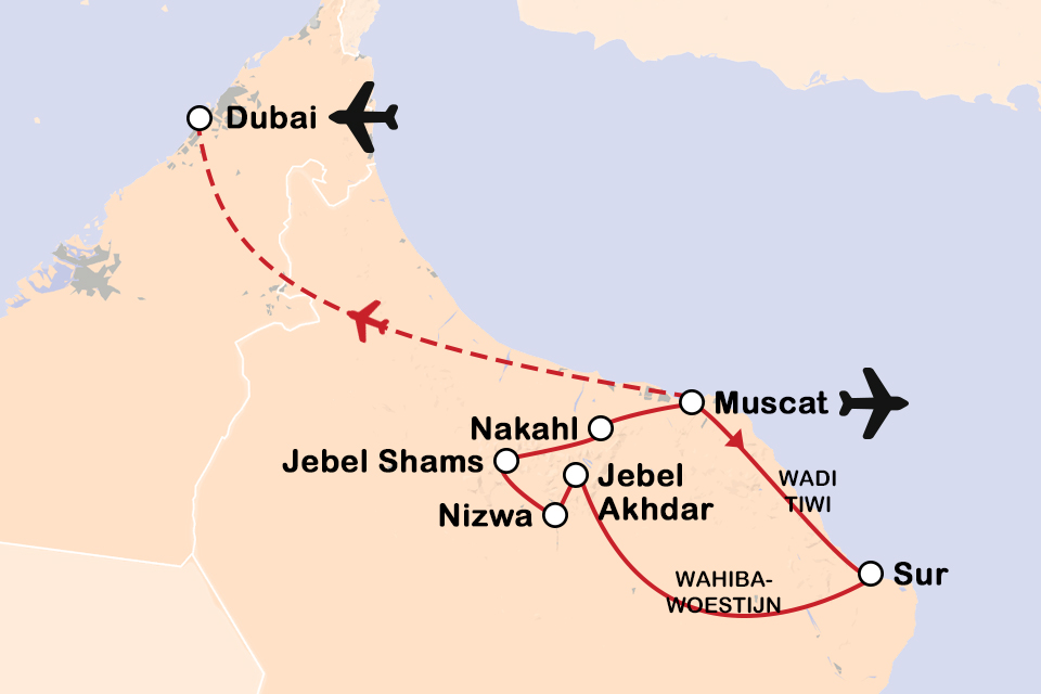 Routekaart Oman en Dubai