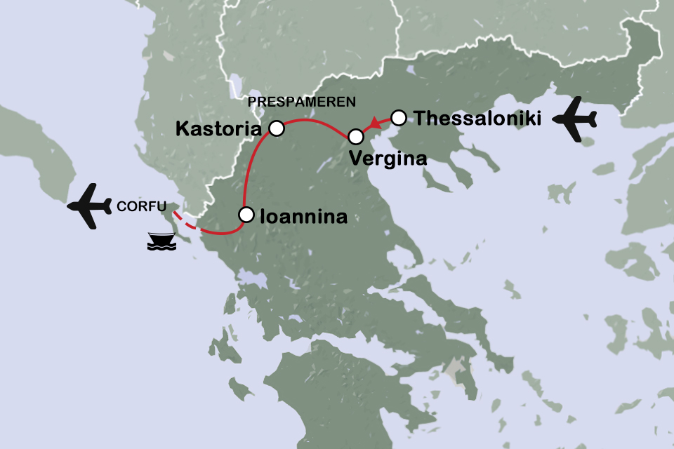 Routekaart Noord-Griekenland en Corfu