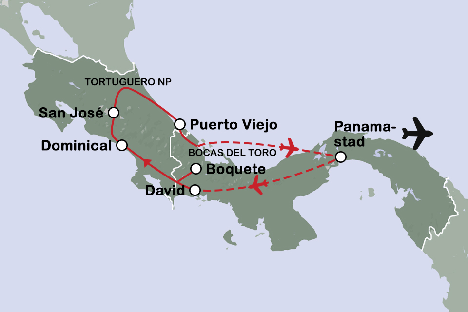Routekaart Panama en Costa Rica
