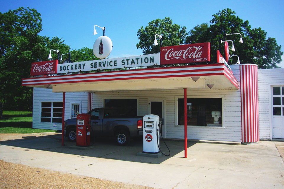 Service station bij Dockery Farm in Cleveland, Amerika