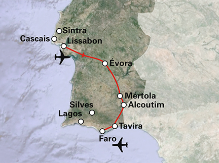 Routekaart Zuid-Portugal