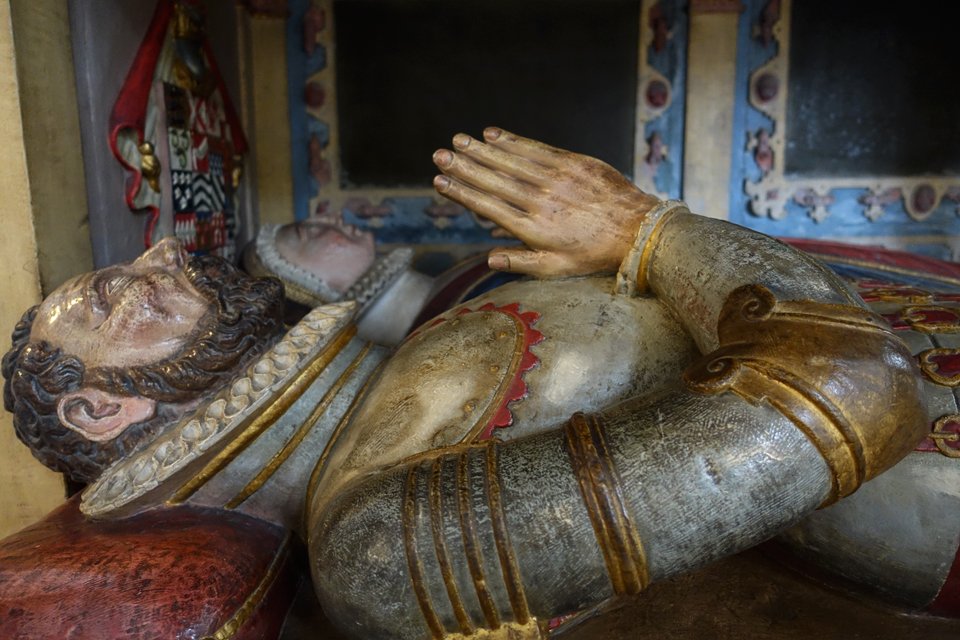 Detail van tombe van Sir Carew in Exeter Cathedral, Groot-Brittannië