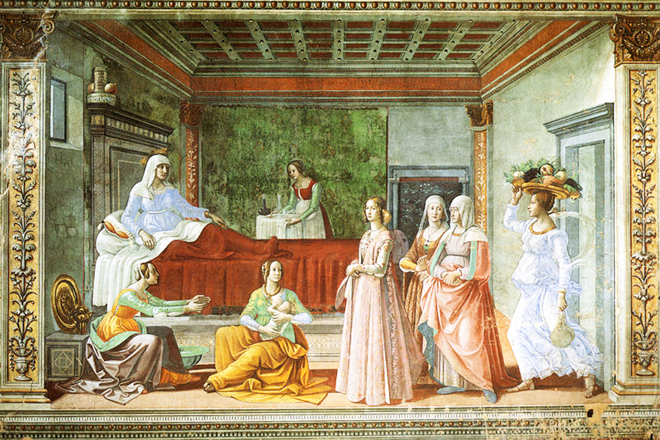 Fresco in de Santa Maria Novella, de geboorte van Johannes van Ghirlandaio, Italië