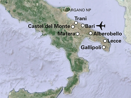 Routekaart fly drive Apulië