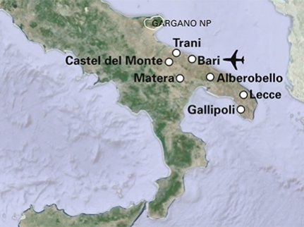 Routekaart fly drive Apulië