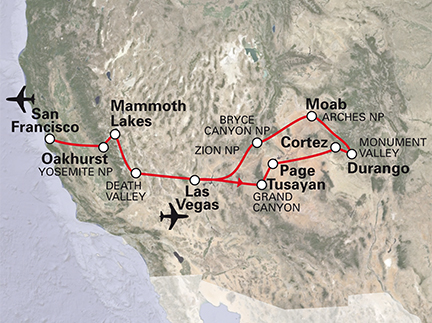 Routekaart fly drive Wild West-Amerika