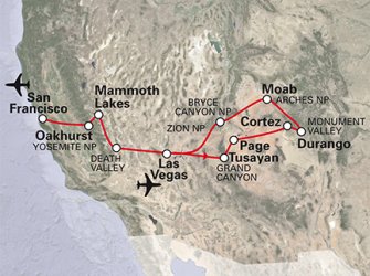 Routekaart fly drive Wild West-Amerika Routekaart fly drive Wild West-Amerika