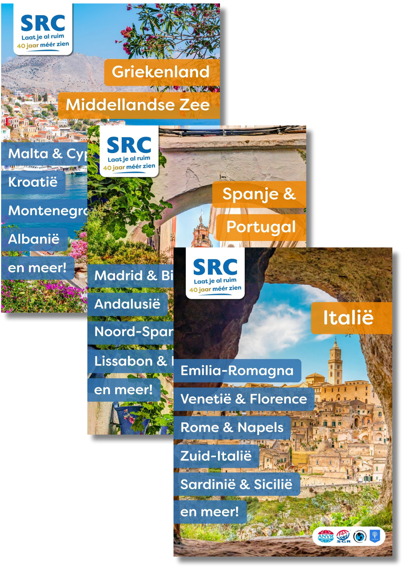 Collage brochure Italië, Spanje, Griekenland