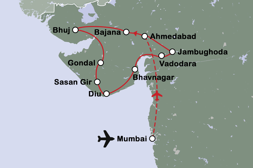 Routekaart Avontuurlijk Mumbai en Gujarat