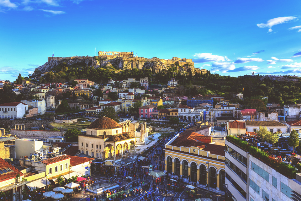 Zicht op de Plaka in Athene, Griekenland
