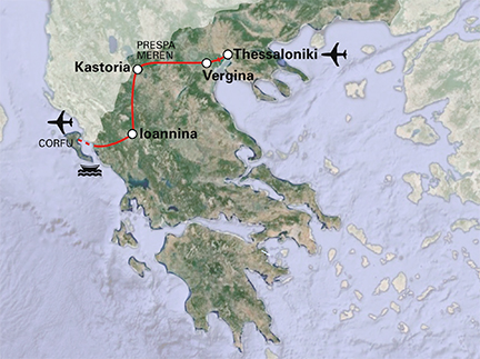 Routekaart Noord-Griekenland en Corfu