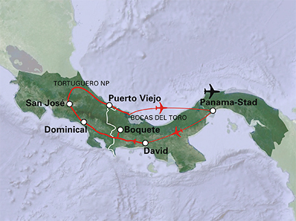 Routekaart Panama en Costa Rica