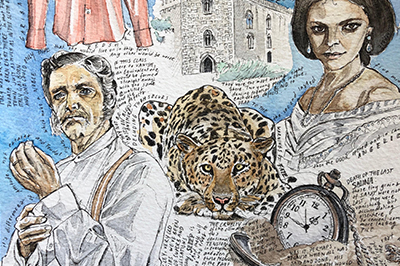 Tekening over het boek Il gattopardo door reisleidster Jessy