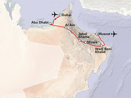 Routekaart Dubai en Oman