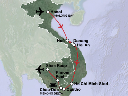 Routekaart Vietnam en Cambodja