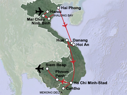 Routekaart Privéreis Vietnam en Cambodja