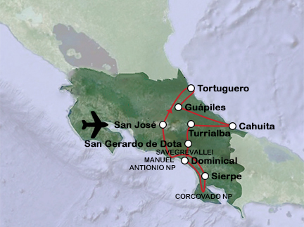 Routekaart Costa Rica pura vida - fly drive