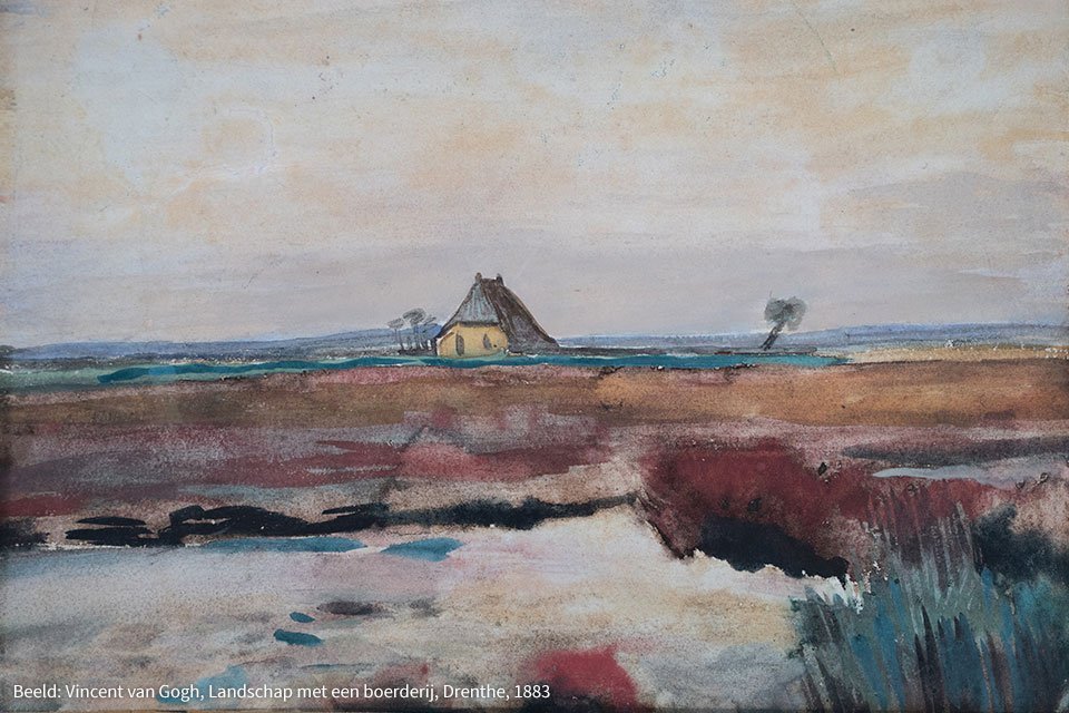 Vincent van Gogh, Landschap met een boerderij, Drenthe, 1883, aquarelverf op papier, 24 x 35,5 cm, particuliere collectie, Canada. Courtesy Ars Docet