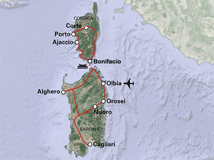 Routekaart Sardinië en Corsica