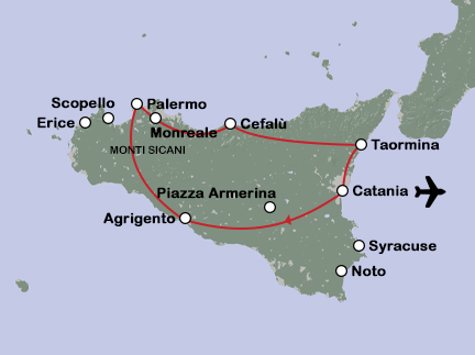 Routekaart Sicilië fly drive