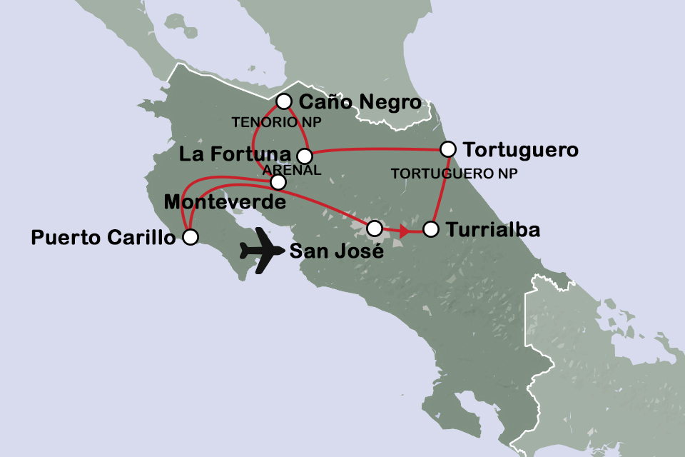 Routekaart Natuurpracht in Costa Rica