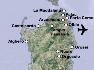 Routekaart Noord-Sardinië - fly drive