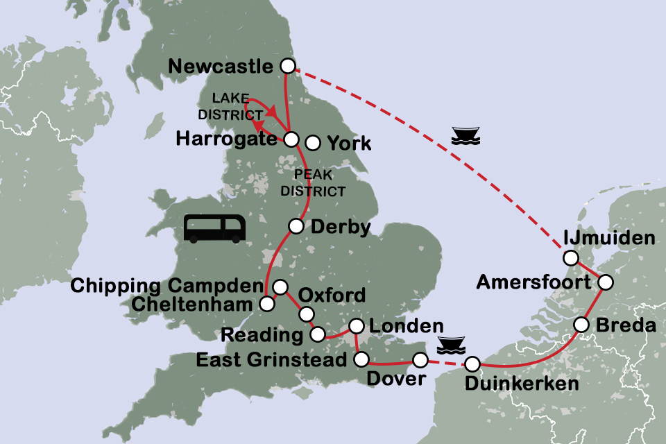 Routekaart Arts & Crafts in Engeland - busreis