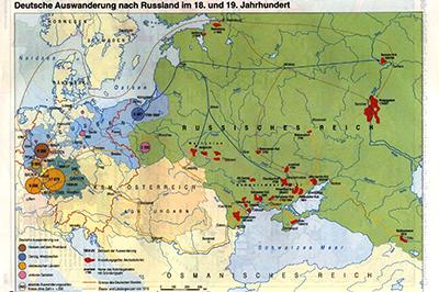 Kaart van de emigratie van Duitsers naar Rusland