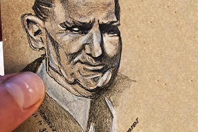 Tekening van Nikos Kazantzakis door reisleidster Jessy