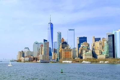 Zicht op Manhattan en Battery Park, New York, Amerika

