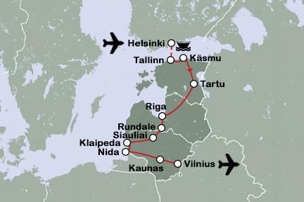 Routekaart Baltische Staten en Helsinki