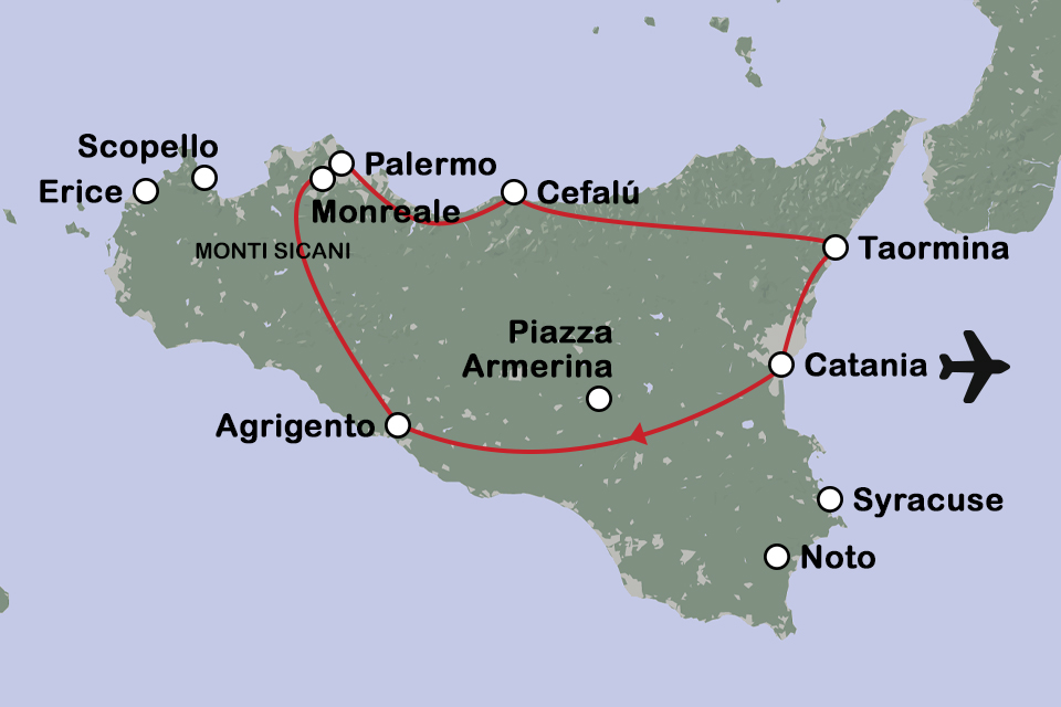 Routekaart Sicilië fly drive