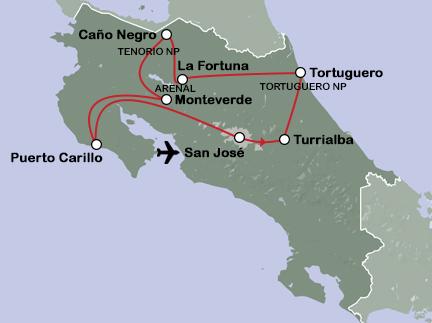 Routekaart Natuurpracht in Costa Rica