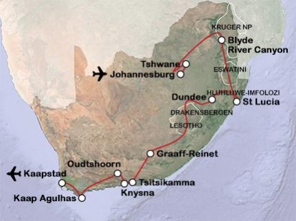 Routekaart Ontdek Zuid-Afrika, Eswatini en Lesotho Routekaart Ontdek Zuid-Afrika, Eswatini en Lesotho