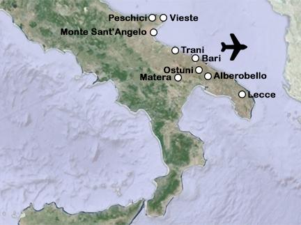 Routekaart Puglia en Gargano fly drive