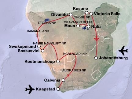 Routekaart Zuid-Afrika, Namibië, Botswana en Victoria Falls