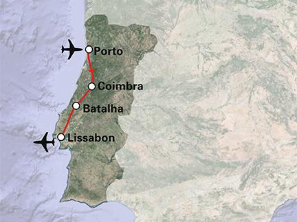 Routekaart Van Porto naar Lissabon - fly drive