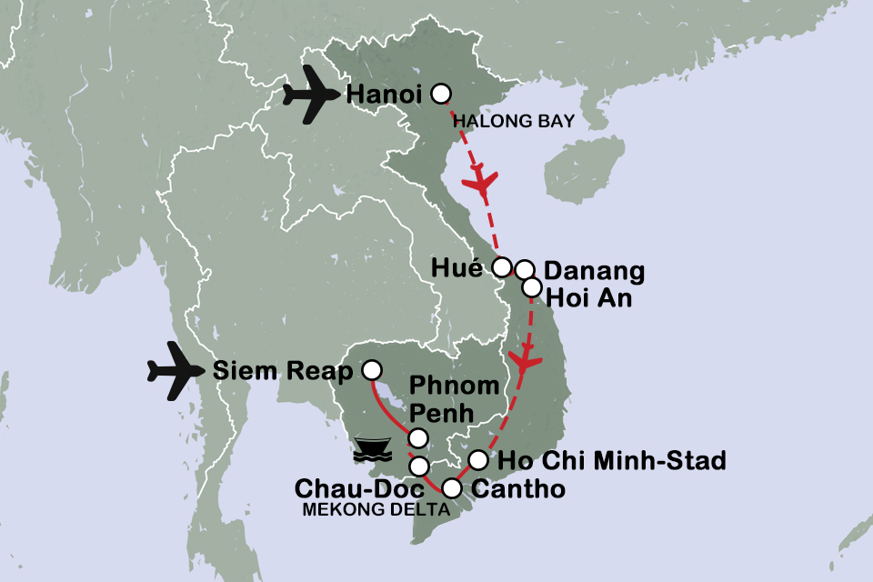 Routekaart Vietnam en Cambodja