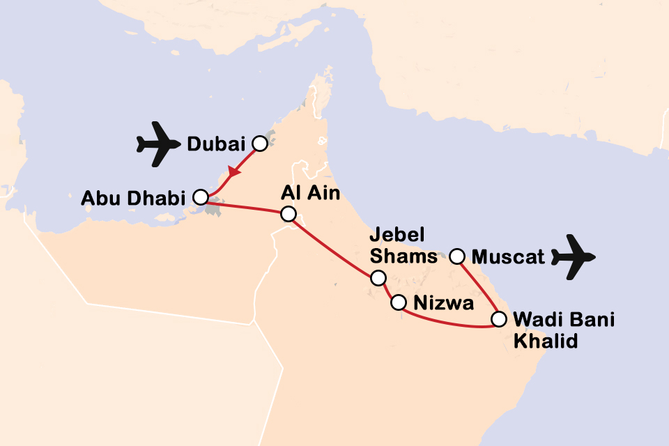 Routekaart Dubai en Oman