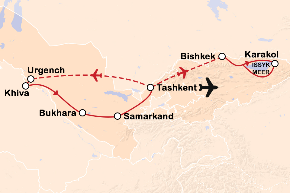 Routekaart Oezbekistan en Kirgizië