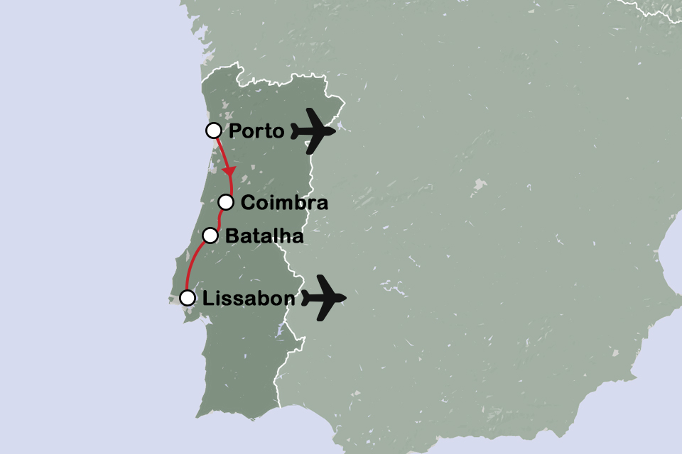 Routekaart Van Porto naar Lissabon - fly drive