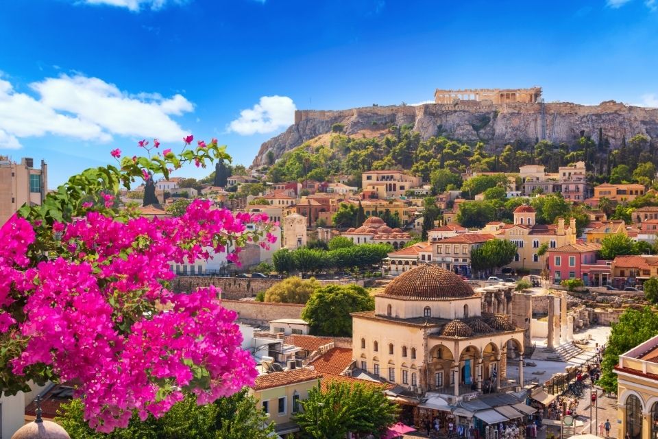 Zicht op Plaka in Athene, Griekenland