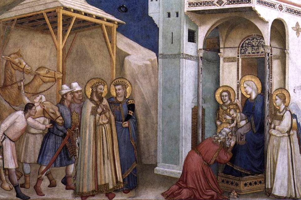 Aanbidding der Wijzen volgens Giotto in de beneden-basiliek van Sint Fransiscus in Assisi, Italië