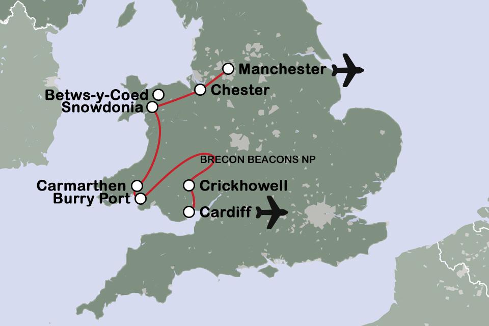 Routekaart Wales - fly drive