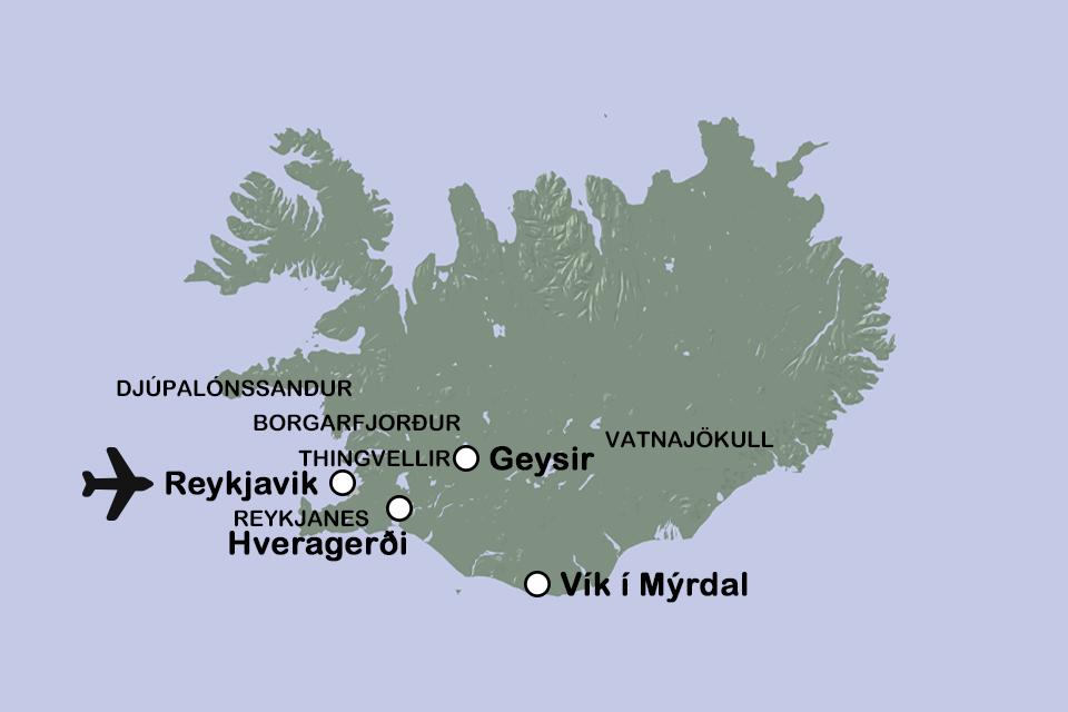 Routekaart Geisers, gletsjers en watervallen in IJsland