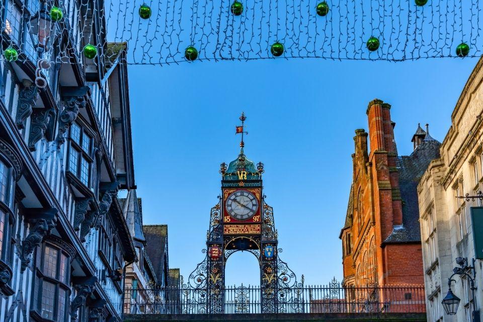Eastgate Clock van Chester tijdens kerst in Groot-Brittannië