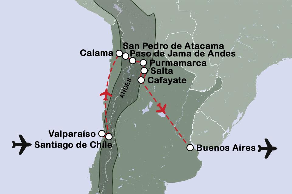 Routekaart Dwars door de Andes in Chili en Argentinië