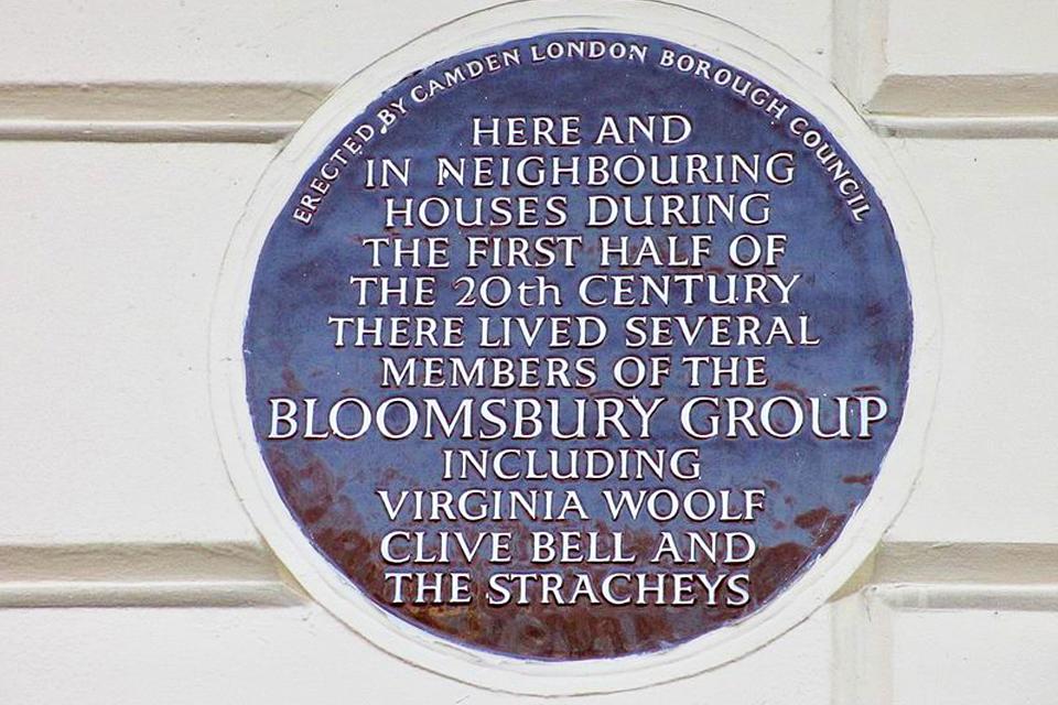 Bord Bloomsbury Group aan Gordon Square in Londen, Groot-Brittannië