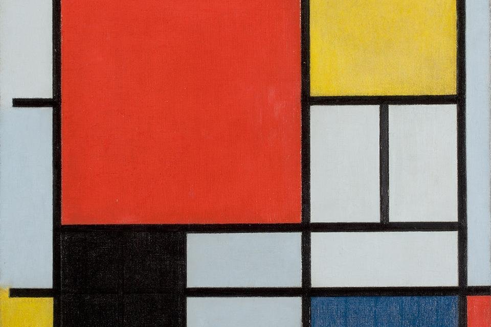 Compositie met groot rood vlak, geel, zwart, grijs en blauw, Mondriaan, 1921