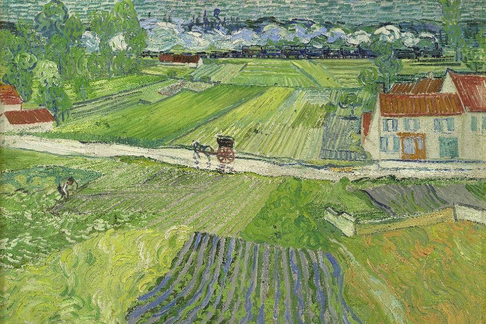 Vincent van Gogh, Landschap met paard en kar en trein bij Auvers, 1890